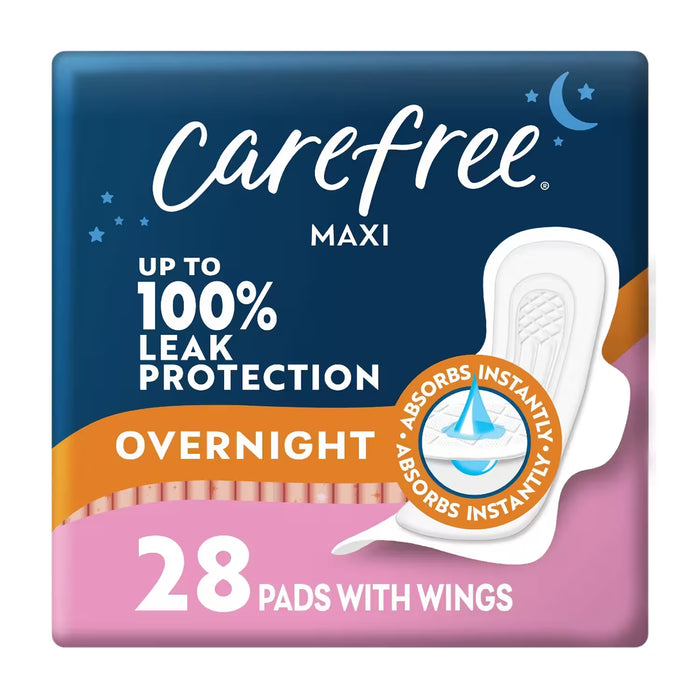 Carefree Maxi Overnight Pads with Wings  28 Pads – 4 Pack