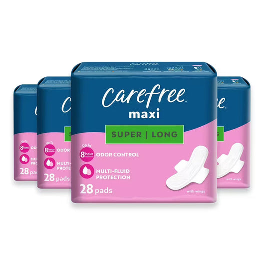 Carefree Maxi Super/Long Pads with Wings 28 Pads – 4 Pack