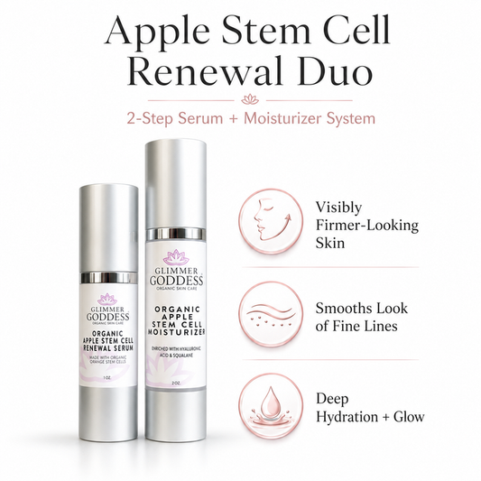 Apple Stem Cell Serum and moisturizer duo by Glimmer Goddess Organic Skin Care, featuring nourishing lotion and skincare products.