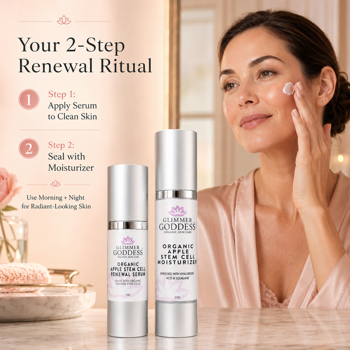 Apple stem cell serum and moisturizer duo by Glimmer Goddess Organic Skin Care, featuring nourishing lotion and skincare products.