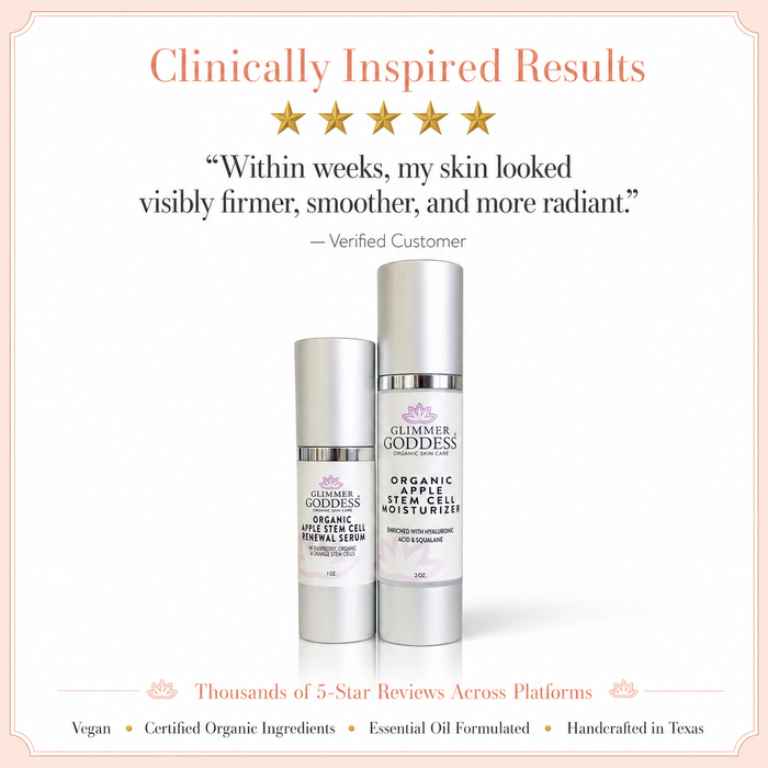 Glimmer Goddess Organic Skin Care Cellular Renewal Duo with apple stem cell serum and moisturizer, displayed in elegant bottles.