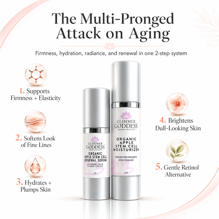 Glimmer Goddess Organic Skin Care Cellular Renewal Duo with apple stem cell serum and moisturizer in a skincare set.