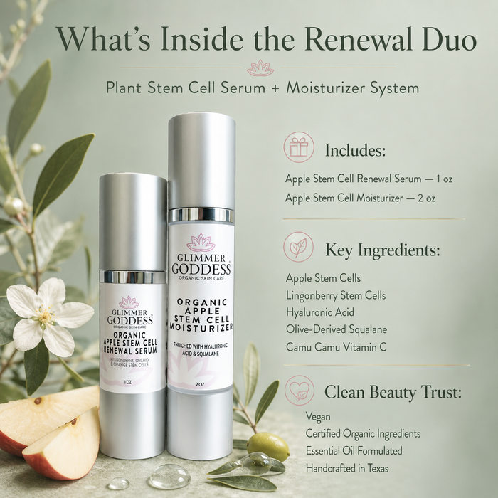 Glimmer Goddess Organic Skin Care Cellular Renewal Duo with apple stem cell serum and moisturizer, shown in a sleek lotion container.