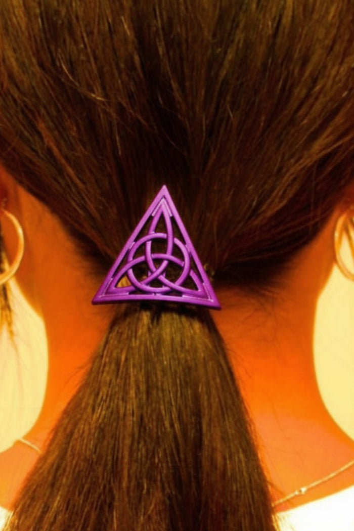 Model wearing Celtic Hair Hook - Purple Triangle Ponytail Holder for Women