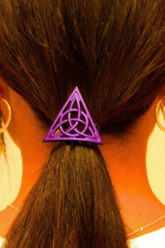 Model wearing Celtic Hair Hook - Purple Triangle Ponytail Holder for Women
