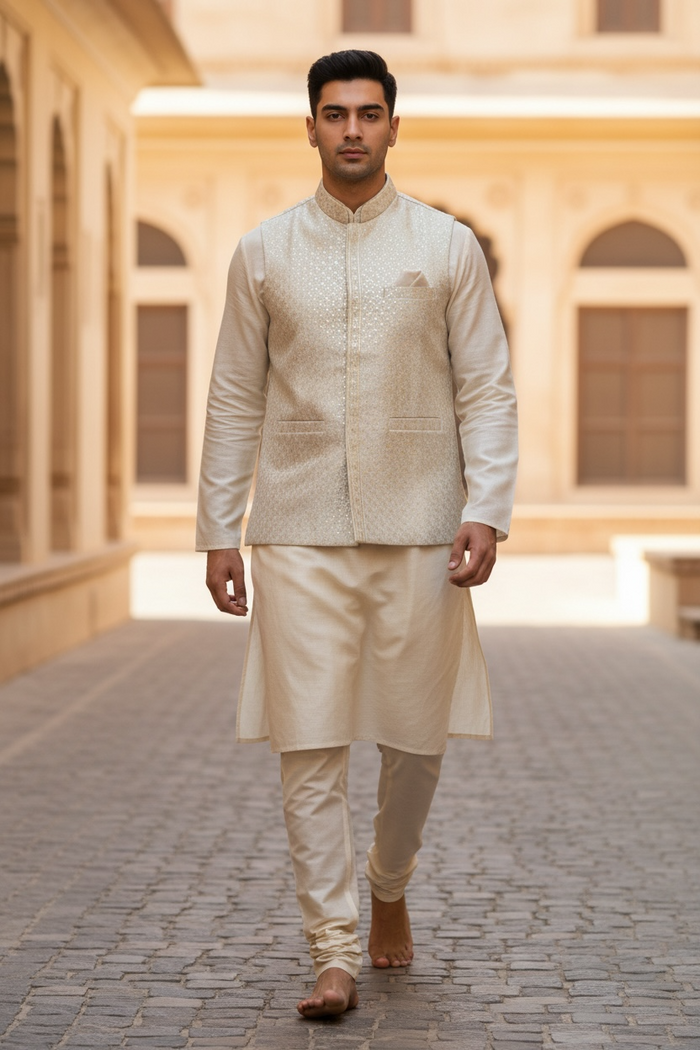 Champagne - Premium Self All Over Embroidered - Mens Indian Waistcoat - UK Stock - 24 hr Dispatch - KCS4787 03KR26