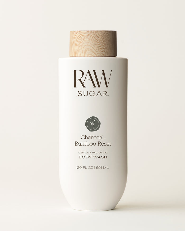 RAW Sugar Charcoal Bamboo Reset body wash bottle on a white background