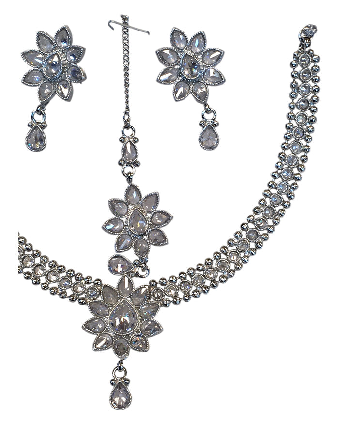 Clear - Medium Size Silver Finish Necklace Set with Earrings & Head Piece /Tika- SLV80  11H24