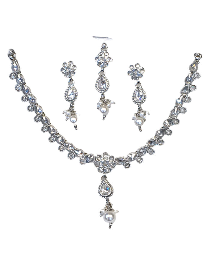 Clear - Small Size Silver Finish Necklace Set with Earrings & Head Piece /Tika- SLV78  11Ap24