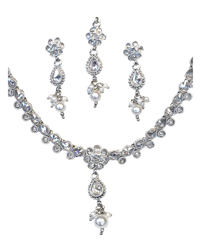 Clear - Small Size Silver Finish Necklace Set with Earrings & Head Piece /Tika- SLV78  11Ap24