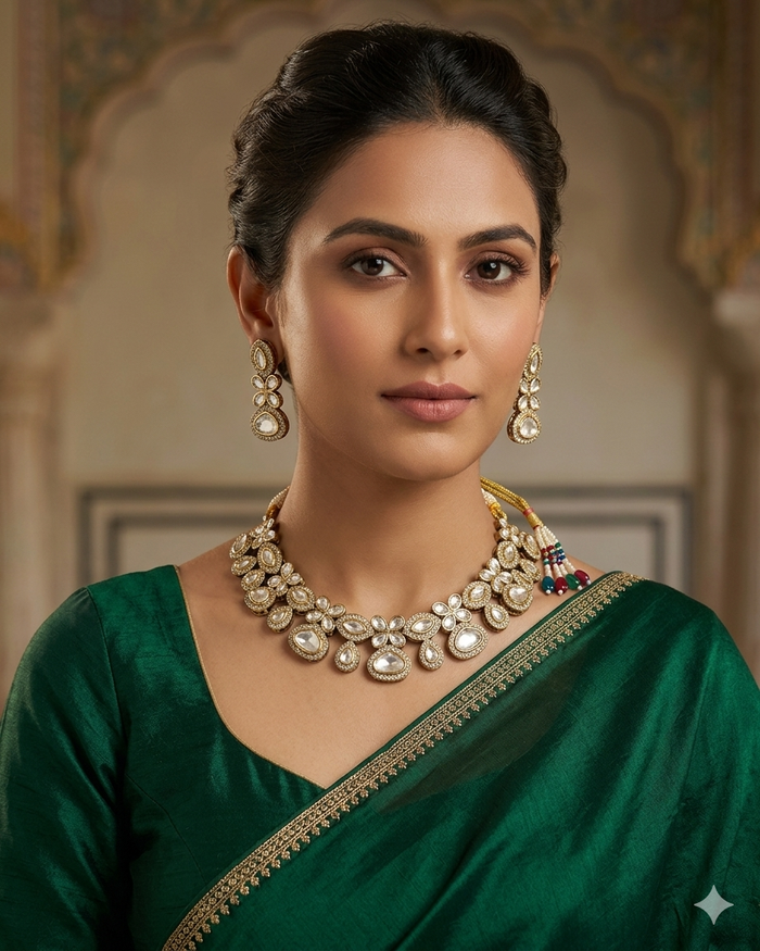 Clear / Neutral - Medium Size Antique Gold Finish Choki Necklace Set with Earrings - Bollywood - AVON-KU06  08VV25