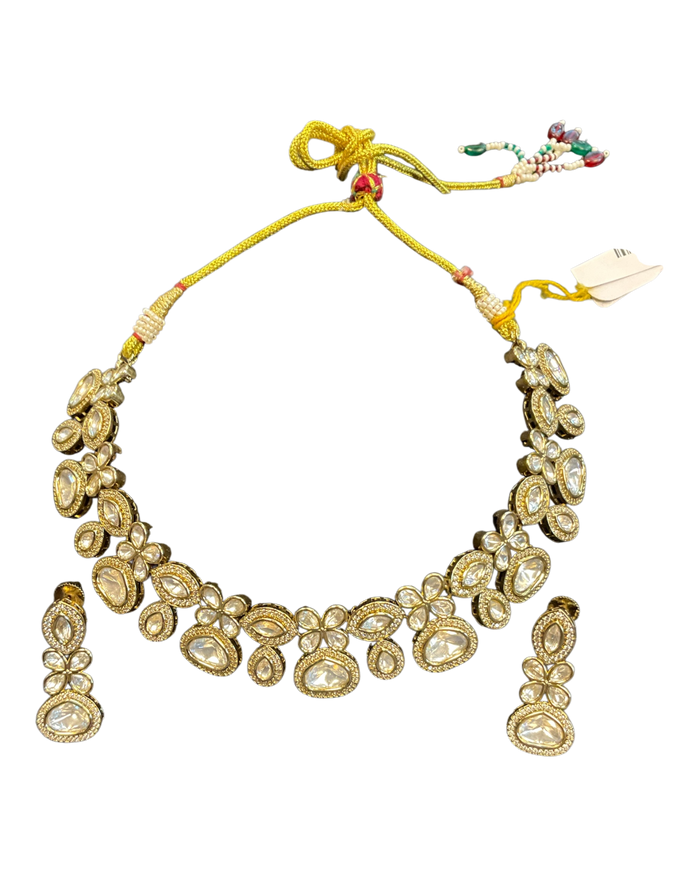 Clear / Neutral - Medium Size Antique Gold Finish Choki Necklace Set with Earrings - Bollywood - AVON-KU06  08VV25
