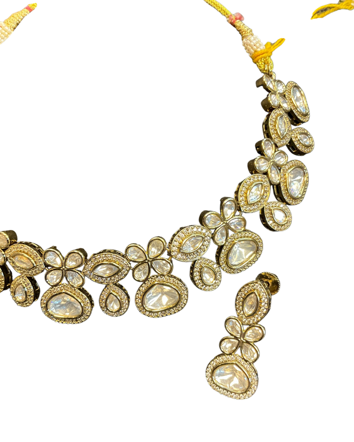 Clear / Neutral - Medium Size Antique Gold Finish Choki Necklace Set with Earrings - Bollywood - AVON-KU06  08VV25
