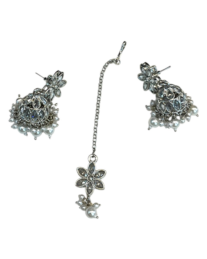 Clear / White - Medium Size Silver Finish Long Necklace Set with Earrings - RAK411 H 0525