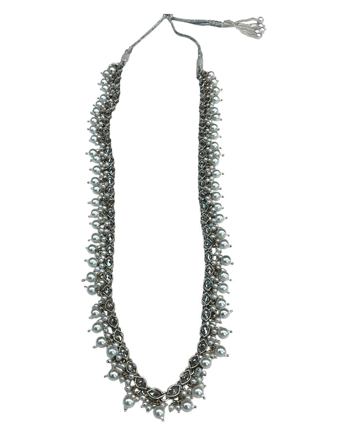 Clear / White - Medium Size Silver Finish Long Necklace Set with Earrings - RAK411 H 0525
