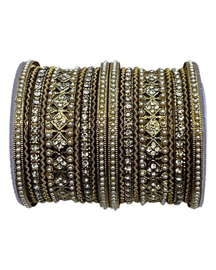 Clear White Stone and Pearl - Antique Gold Finish Bangles Set (Set of 18) - UK stock - SM, M, L, XL JAN2611 05P25
