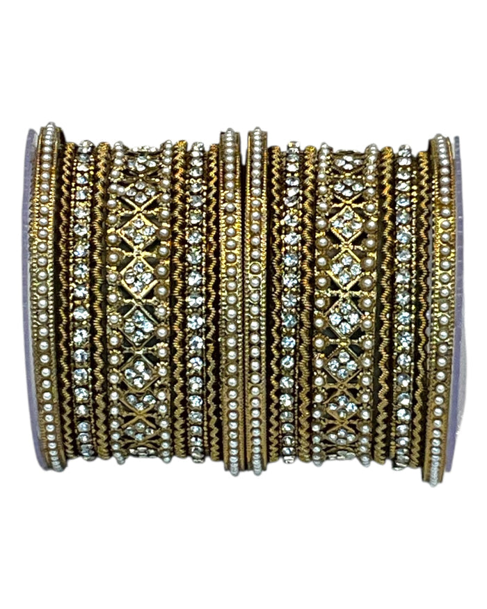 Clear White Stone and Pearl - Antique Gold Finish Bangles Set (Set of 18) - UK stock - SM, M, L, XL JAN2611 05P25