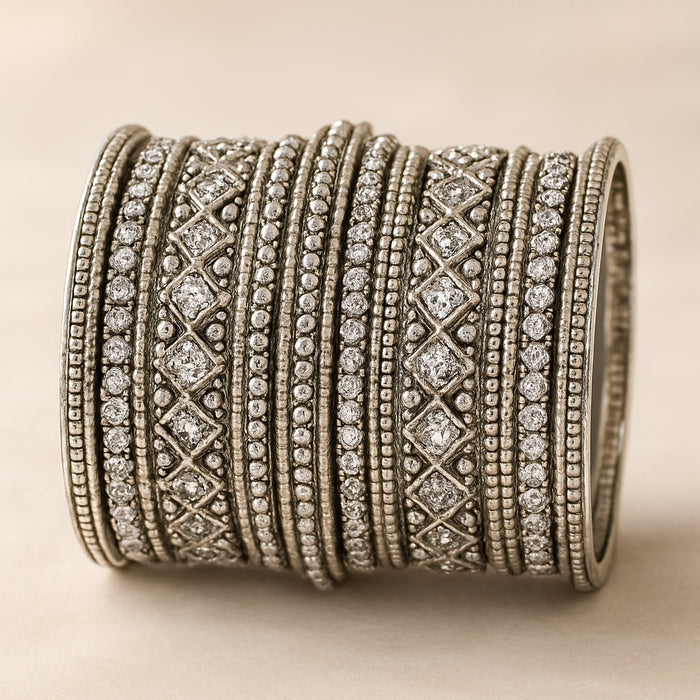 Clear White Stone and Pearl - Silver Finish Bangles Set (Set of 18) - UK stock - SM, M, L, XL JAN2611 05P25