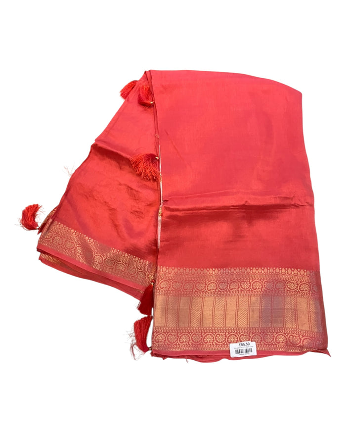 Coral Pink - Handloom -  Banarasi Crepe Saree with Blouse Piece - JOHJAN47001 10VY25
