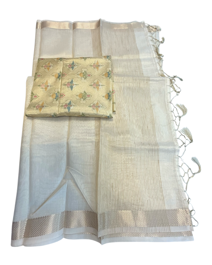 Cream - Fancy Cotton Silky Saree with Brocade Blouse Piece - UK Stock - 2/3 days Delivery  12KP25 RT411006