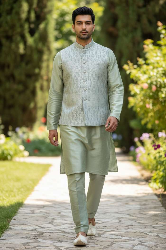 Cream - Sage Green Brocade - Premium Banarasi Handloom - Mens Indian Waistcoat - UK Stock - 24 hr Dispatch - VNS2607 03KP26