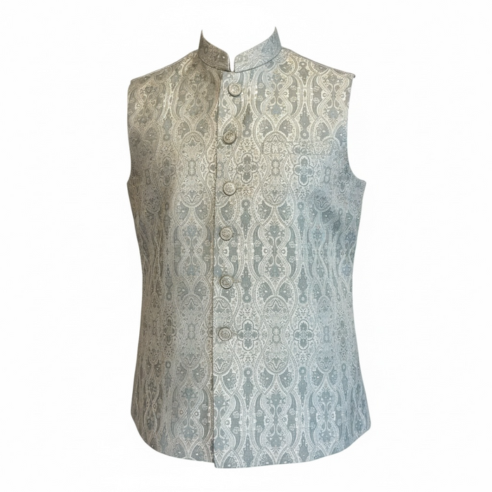 Cream - Sage Green Brocade - Premium Banarasi Handloom - Mens Indian Waistcoat - UK Stock - 24 hr Dispatch - VNS2607 03KP26