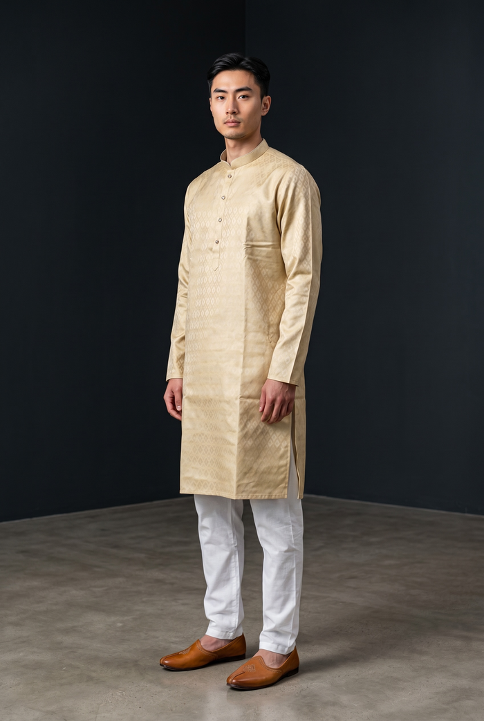 Cream - Self Woven Brocade Mens Indian Kurta set - UK Stock - Weddings / Walimas , Sangeet, Diwali, Eid, Mehndi / Henna - VEE3115 KC