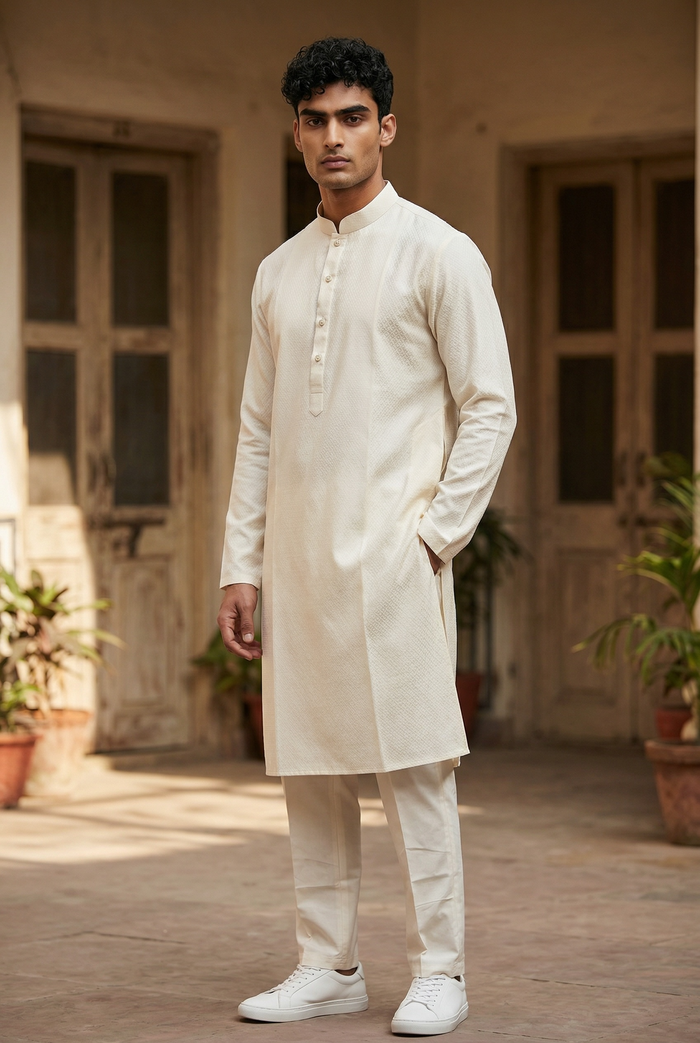 Cream / Ivory - Soft Cotton Self Woven Mens Kurta Set - Perfect under a Waistcoat - Sangeet Mehendi Haldi - KCS1263 03KJ26