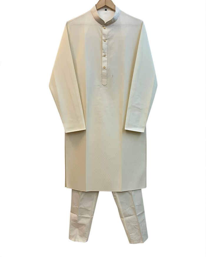 Cream / Ivory - Soft Cotton Self Woven Mens Kurta Set - Perfect under a Waistcoat - Sangeet Mehendi Haldi - KCS1263 03KJ26