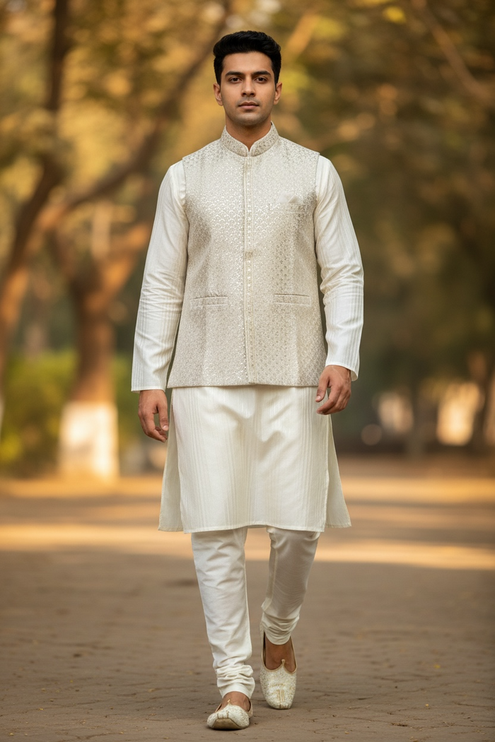 Cream / Off White - Premium Self All Over Embroidered - Mens Indian Waistcoat - UK Stock - 24 hr Dispatch - KCS4787 03KR26 (Copy)