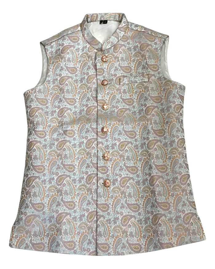 Cream with Pink/Light Blue Brocade - Premium Mens Waistcoat - VNS-JKT7908/2 10KJ25