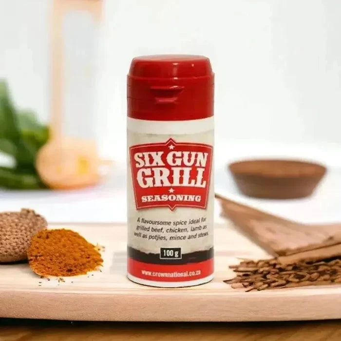 Crown National Six Gun Grill Spice Shaker 100g with unique celery, onion, paprika, cumin, and cayenne blend for grilling and cooking
