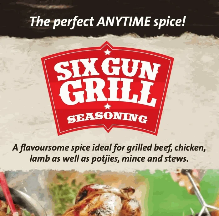 Crown National Six Gun Grill Spice Shaker 100g with celery, onion, paprika, cumin, and cayenne blend for grilling and cooking
