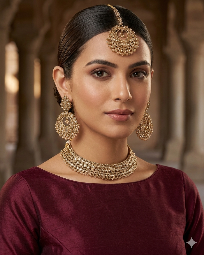 Crystal / Neutral - Medium Size Antique Gold Finish Necklace Set with Earrings - SJ07 08KY25