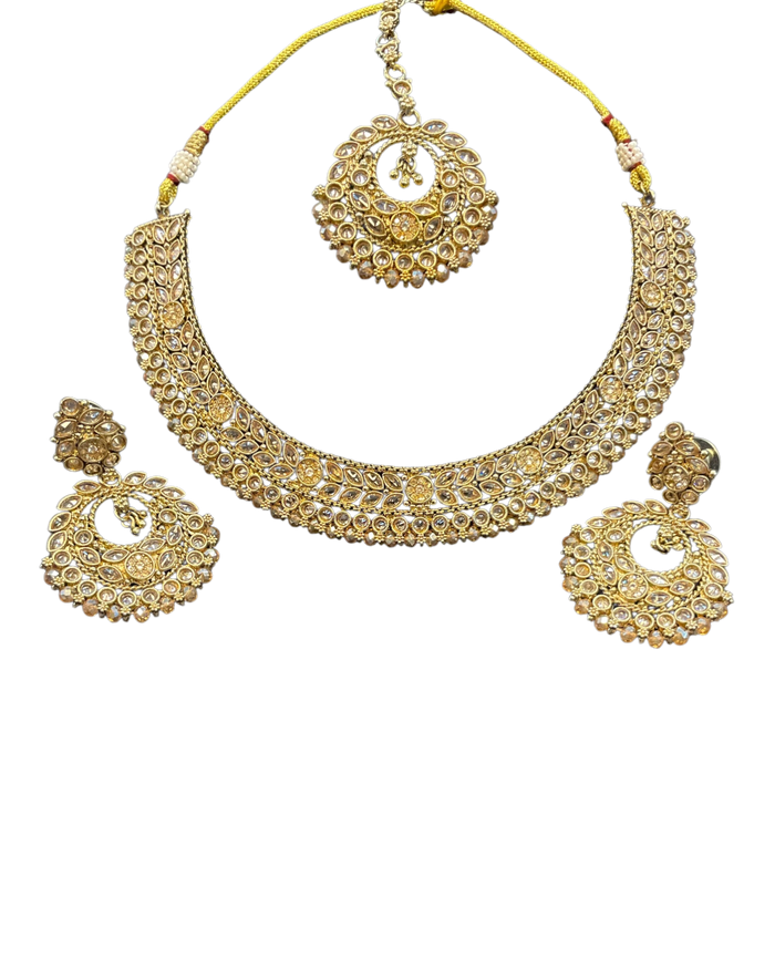 Crystal / Neutral - Medium Size Antique Gold Finish Necklace Set with Earrings - SJ07 08KY25