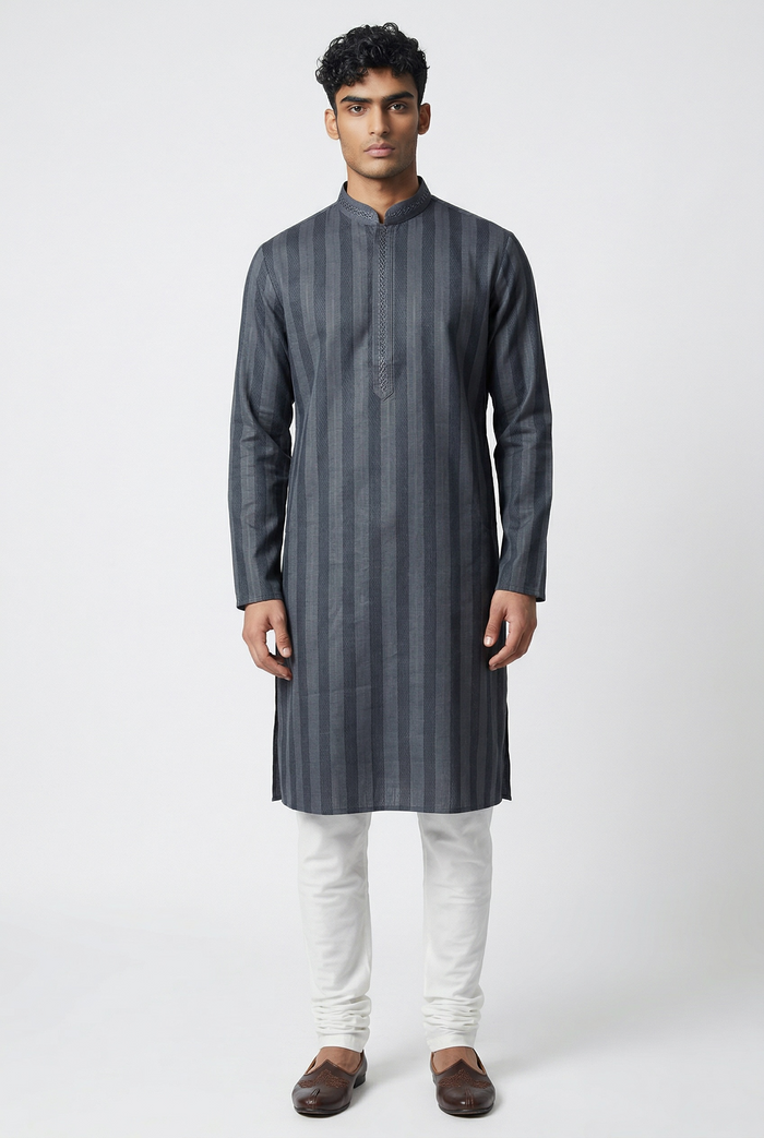 Dark Grey - Silky -  Mens Indian Kurta set - Weddings / Walimas , Sangeet, Eid, Mehndi / Henna - NAD2514 01KP25