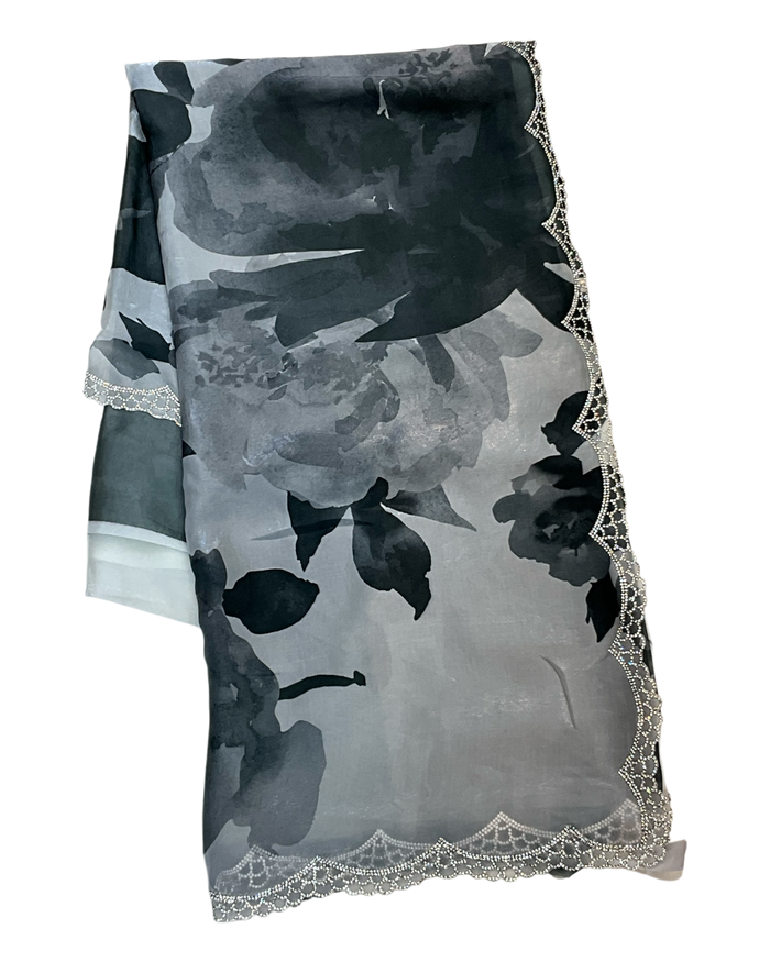 Dark Grey Floral - Classic Satin Crepe Saree with Stone Work and Blouse Piece - UK stock - 24hr Dispatch - RS2535 VR