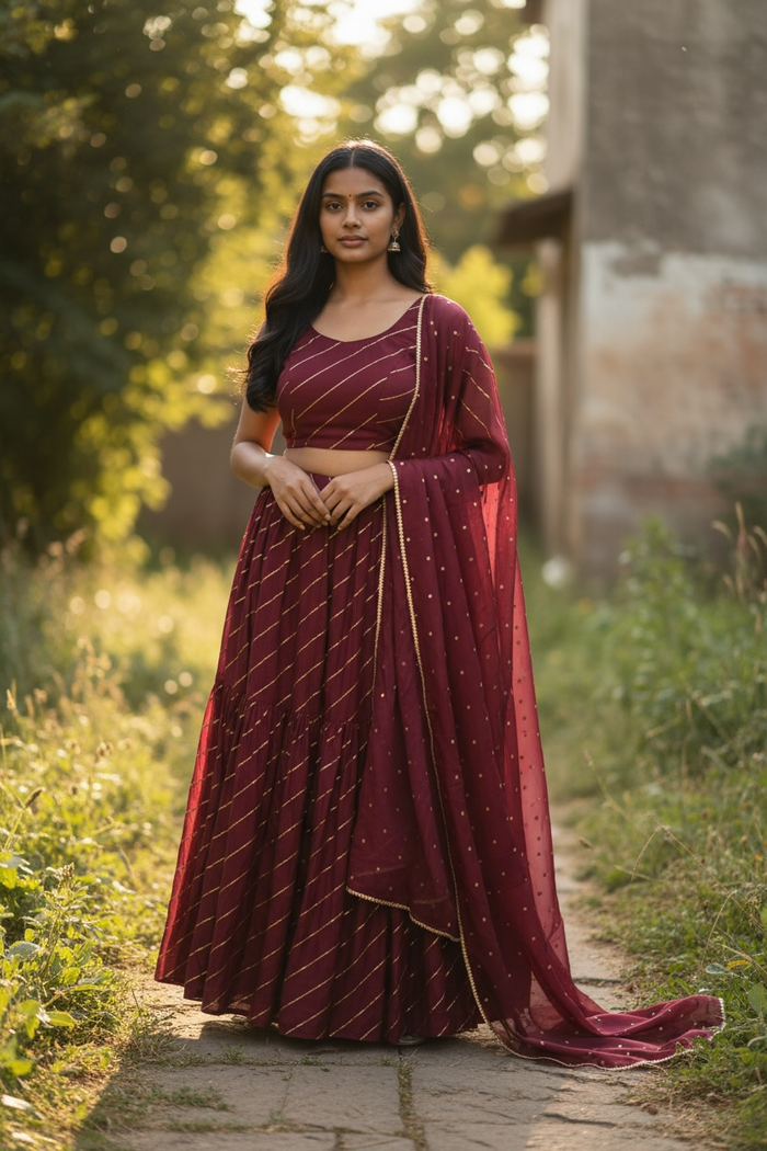 Dark Magenta -  Dupion Silk Lehenga Set - Garba / Dandia , Mehndi / Sangeet / Weddings - Size UK 12 (38" Bust) Adjustable to Size 14 - UK Stock - 24h Dispatch - AF2506 09TY25