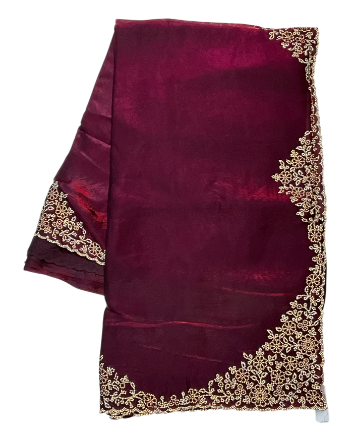 Dark Magenta - Rich Saree with Stone Work Border and Blouse Piece - UK stock - 24hr Dispatch - RS2511 TA