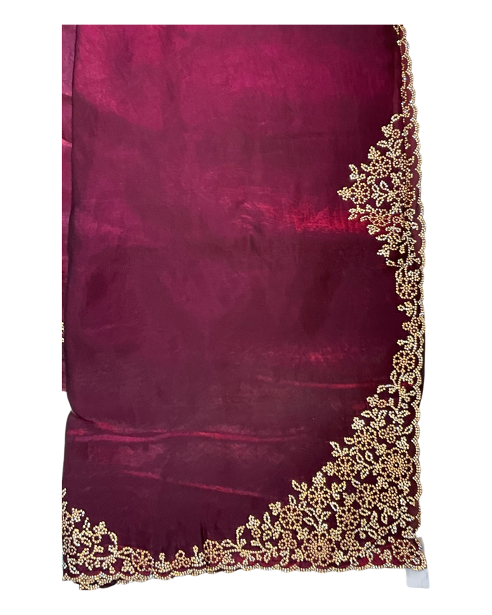 Dark Magenta - Rich Saree with Stone Work Border and Blouse Piece - UK stock - 24hr Dispatch - RS2511 TA