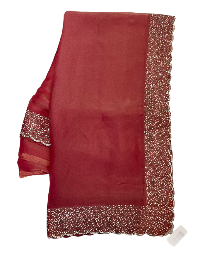 Dark Pink - Classic Saree with Stone Work Border and Blouse Piece - UK stock - 24hr Dispatch - RS2538 VP
