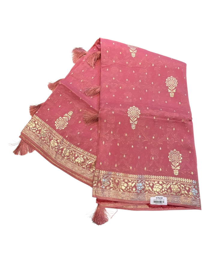 Dark Pink - Handloom  - Chiffon Banarasi Saree with Blouse Piece - JOH1604 10TY25