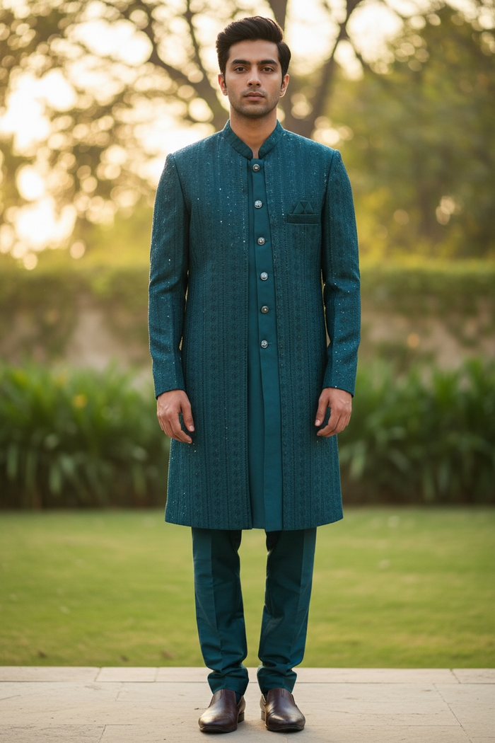Dark Teal - Mens Knee Length  Jacket with Long Waistcoat - Sherwani / Indo-Western - Fantastic Fit - KCS6625 03TT26