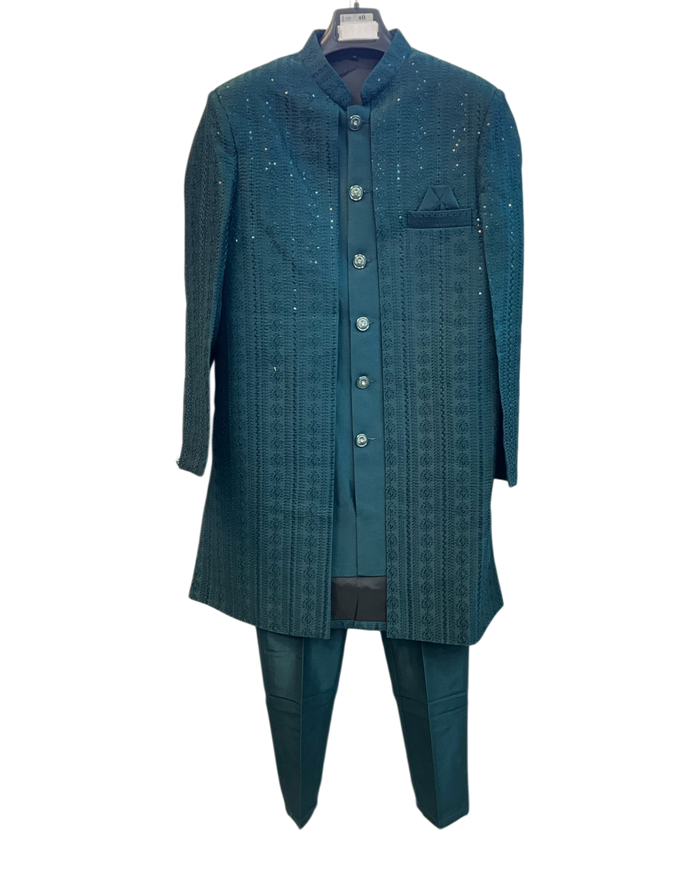 Dark Teal - Mens Knee Length  Jacket with Long Waistcoat - Sherwani / Indo-Western - Fantastic Fit - KCS6625 03TT26