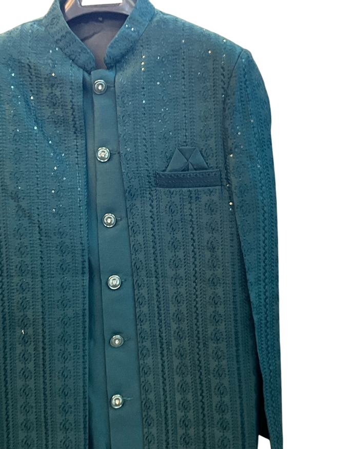 Dark Teal - Mens Knee Length  Jacket with Long Waistcoat - Sherwani / Indo-Western - Fantastic Fit - KCS6625 03TT26