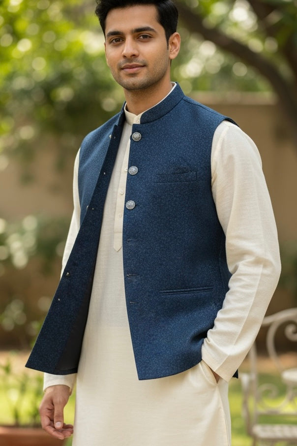 Dark Teal - Self Brocade - Premium Suede Feel Mens Indian Waistcoat - UK Stock - 24 hr Dispatch - VNS-JKT697/31 10KP25