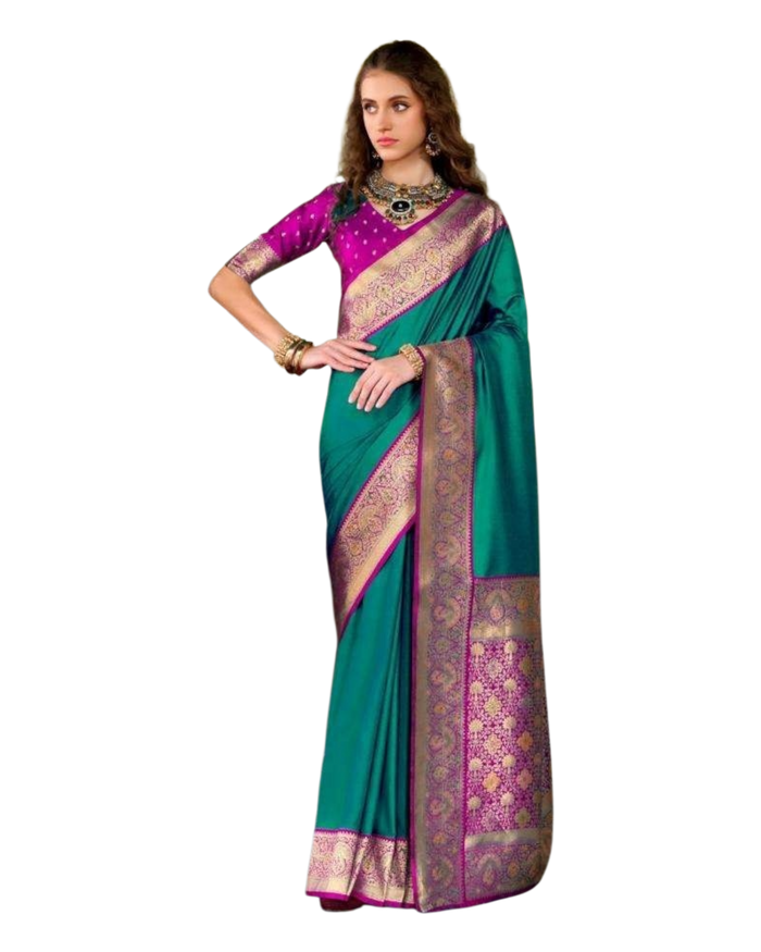 Dark Turquoise- Silky Handloom Banarasi Saree with Blouse Piece -  12KH25 RP388