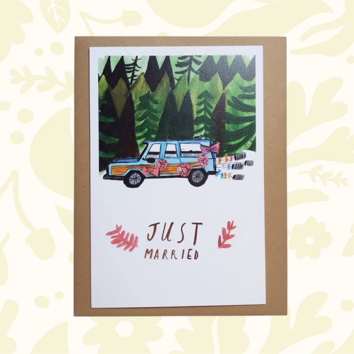 Forager Provisions LTD Dick Vincent Just Married greeting card featuring a blue car illustration with a brown envelope