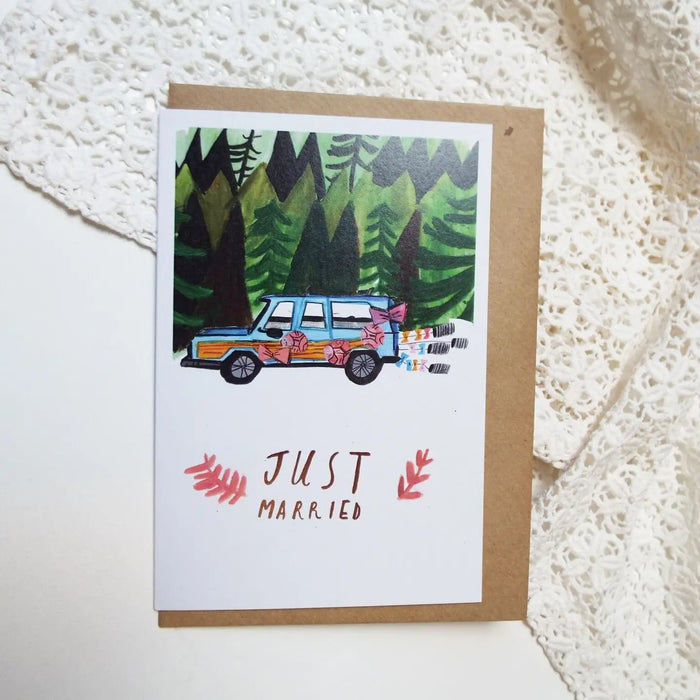 Forager Provisions LTD Dick Vincent Just Married greeting card featuring a hand-drawn blue car with flowers and cans.