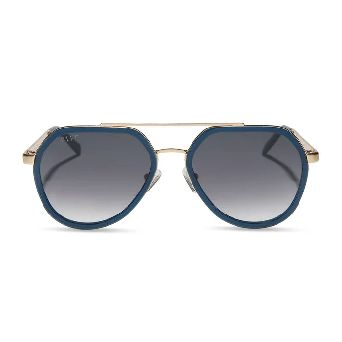 DIFF Eyewear Joey Clubhouse Blue Brushed Gold Metal Grey Gradient Sunglasses